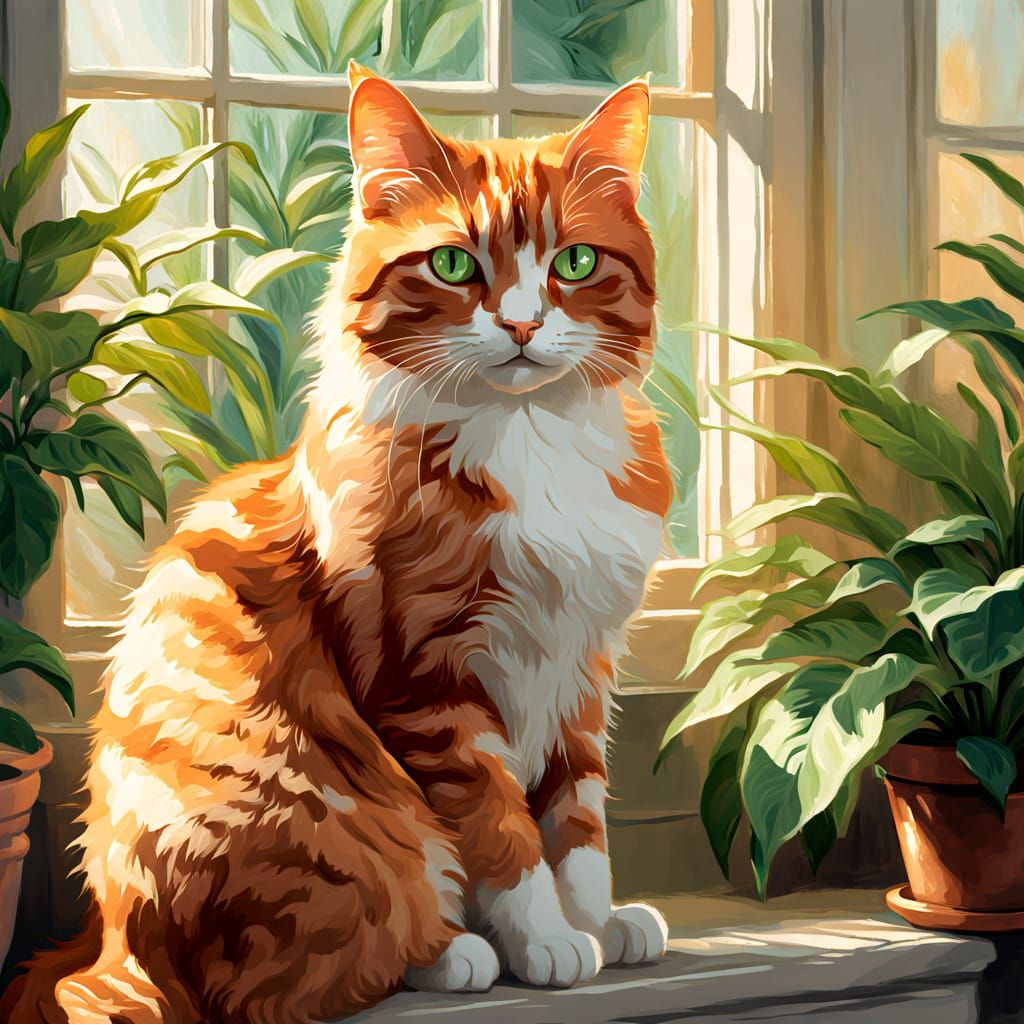 Ginger Cat by Window in Impressionist Style