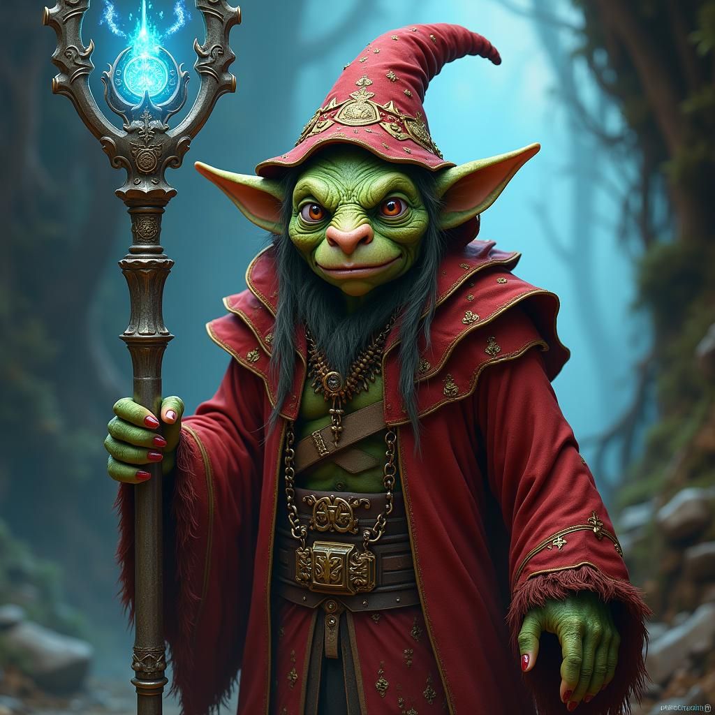 Goblin Wizard with Glowing Staff in Fantasy Setting