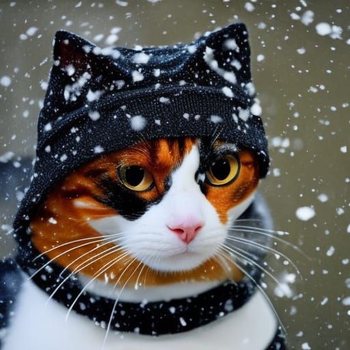 Calico Cat in Winter Hat Snowfall