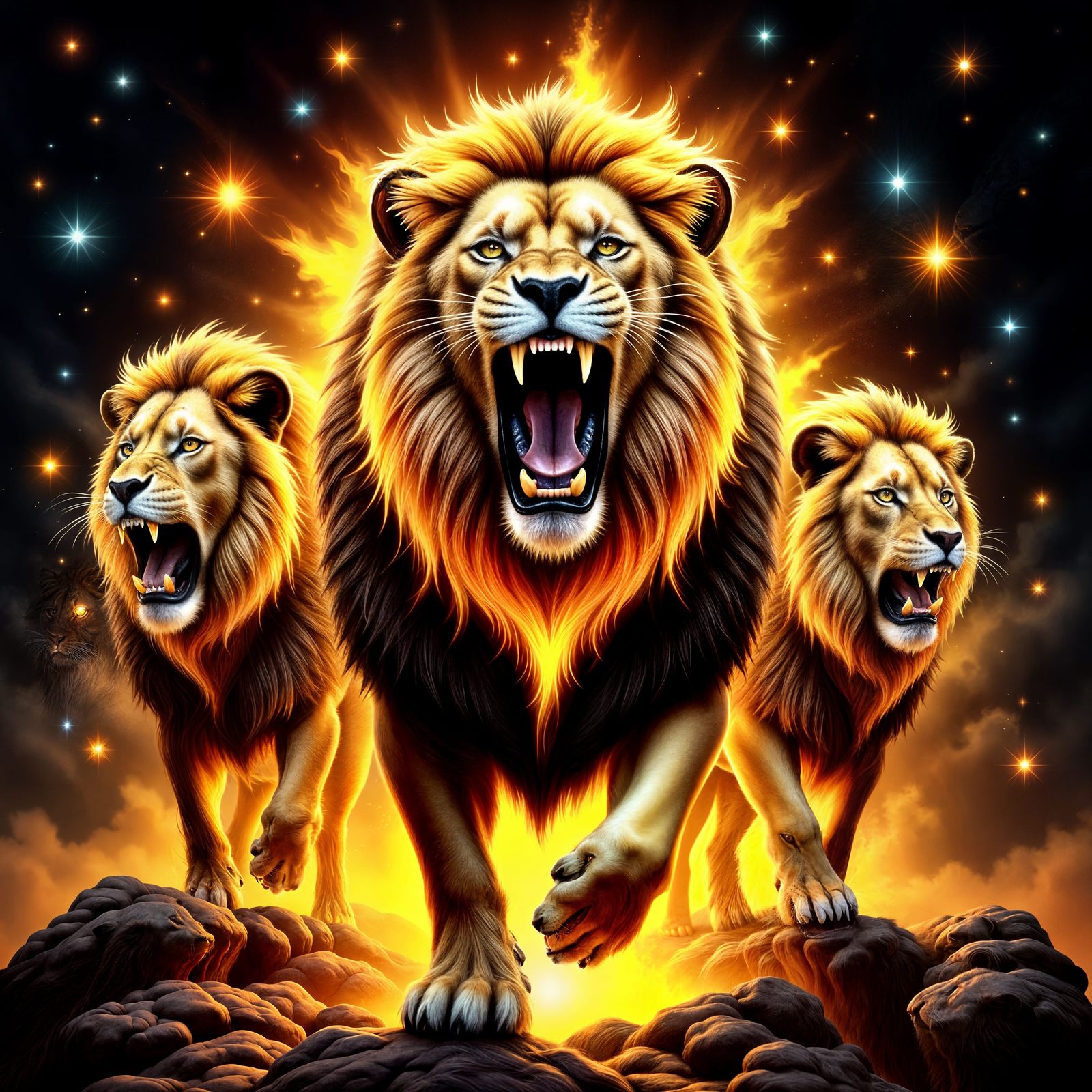 Majestic Lion Roars Amidst Fiery Mane and Starry Sky