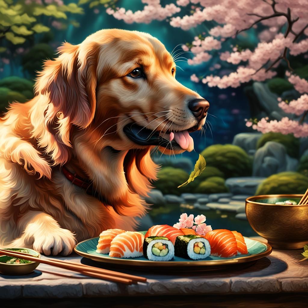 Golden Retriever Dog 'Sushi' in Mystical Garden