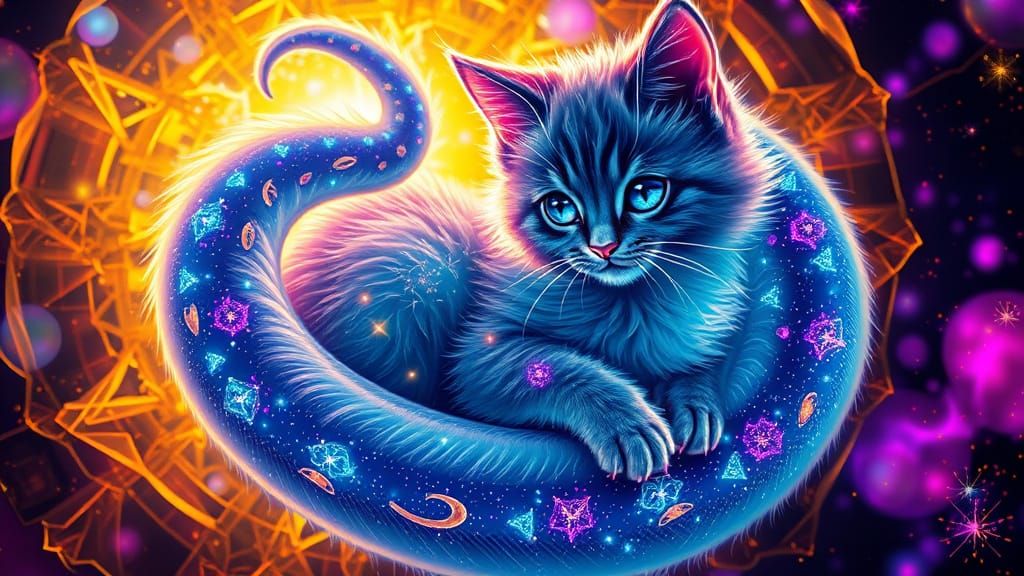 Celestial Kitten Coiled in Cosmic Spiral: Surreal Digital Ar...
