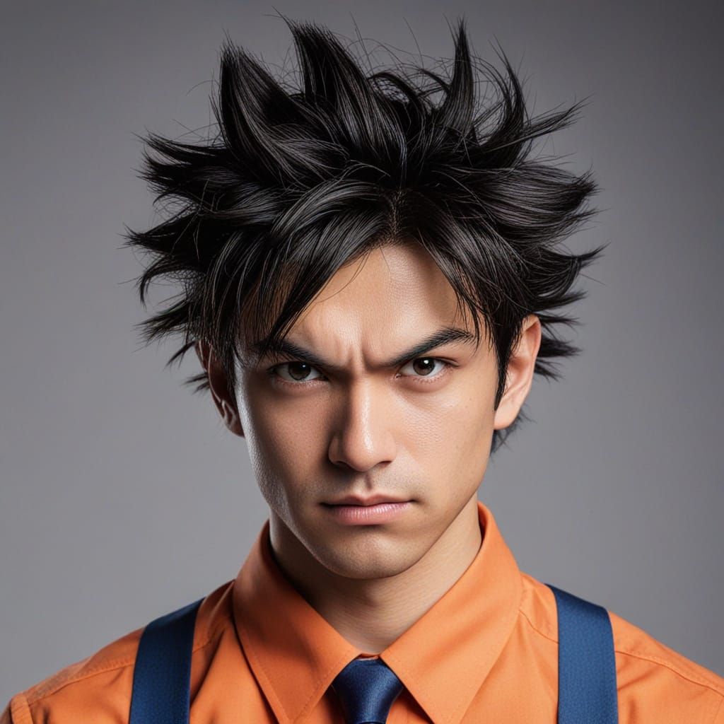 Realistic Son Goku Business Portrait in Sharp Suit