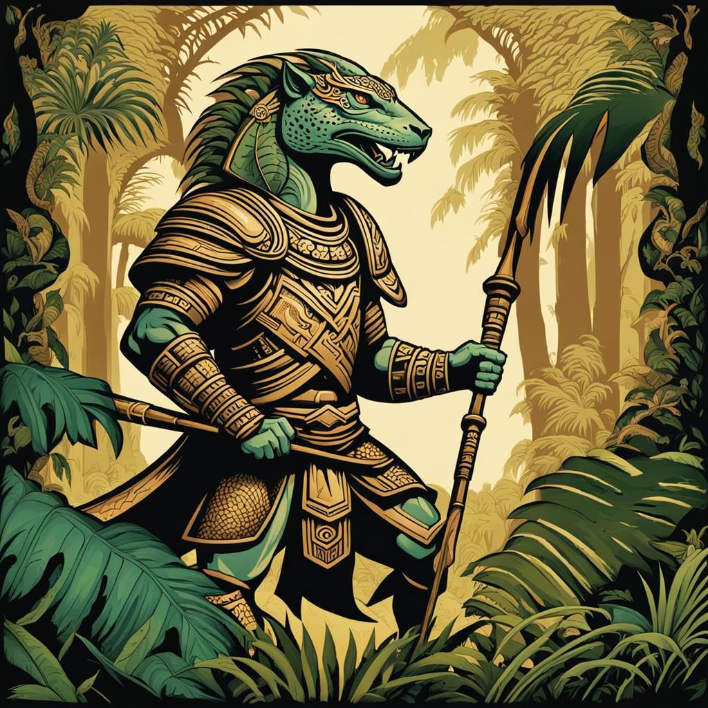 Mayan Warrior Hunting in Jungle, Art Nouveau