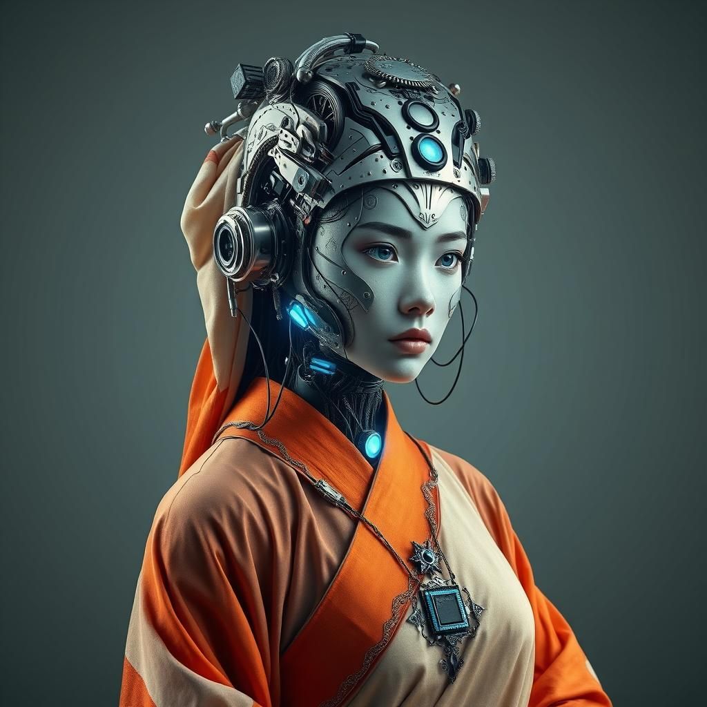 Cyborg in Ceremonial Attire: A Fusion of Culture and Tech