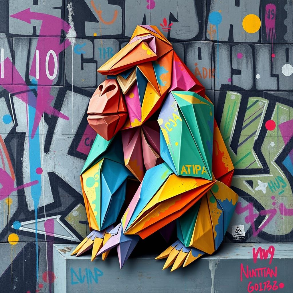 Polychromatic Origami Gorilla in Graffiti Cityscape
