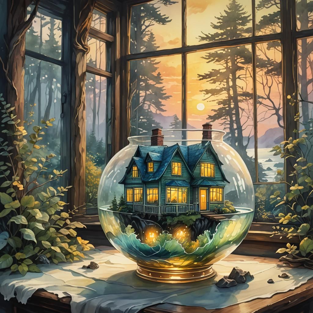 Glass Vessel with Old House in Watercolor Style