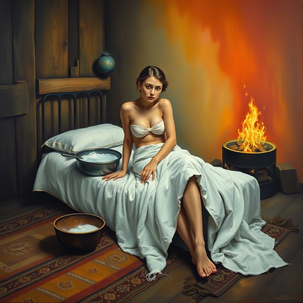 Woman Washes Herself in Stable, Surreal Dali Style