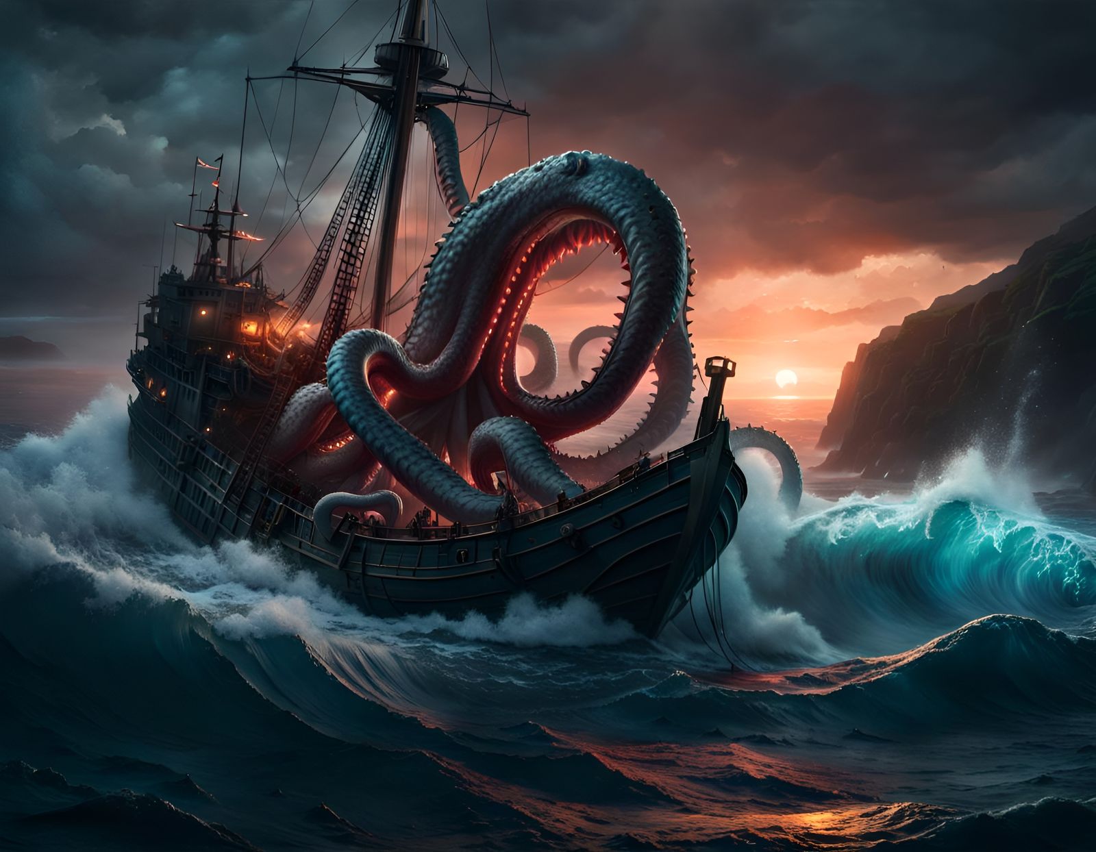 Spectacular Kraken Emerges from the Sea at Night