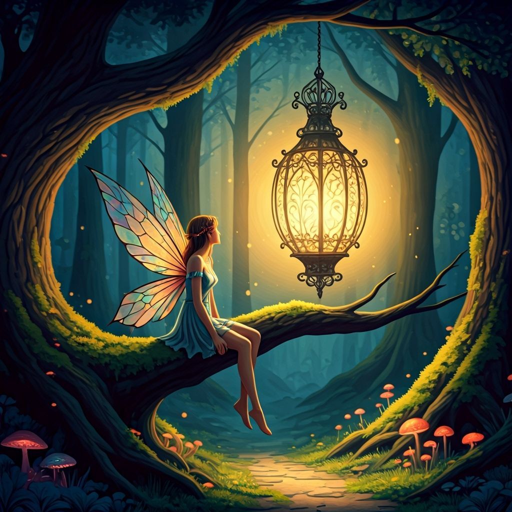Enchanted Fairy in Forest with Lantern