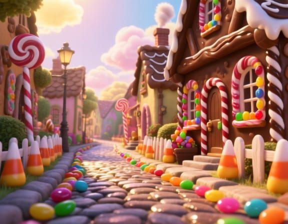 Whimsical Candy Village Street Scene in Hyper-Realistic 3D