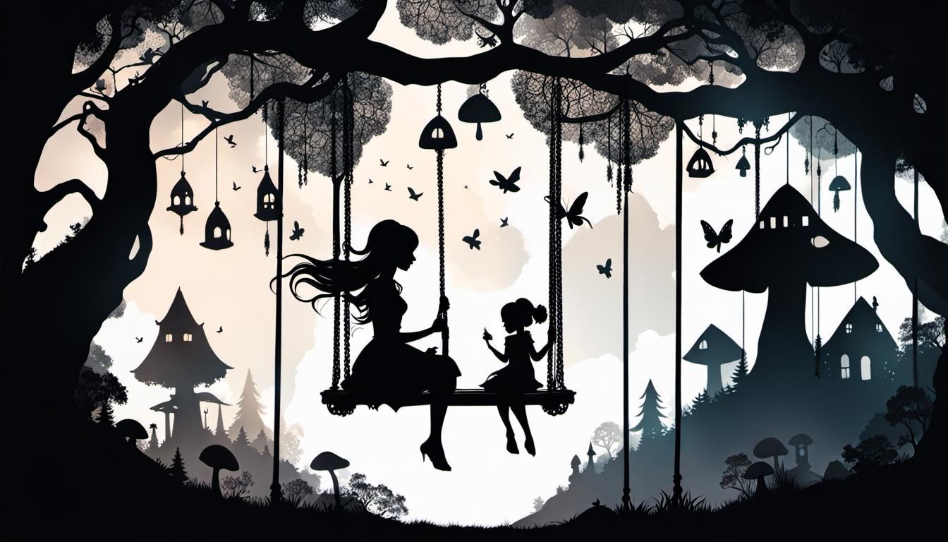 Girl on Swing in Fairy Village Silhouette Art