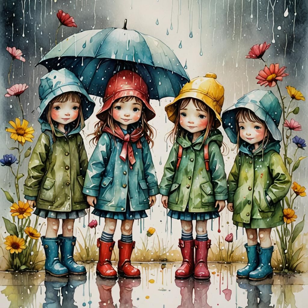 Whimsical Watercolor: Children as Flowers in Rain