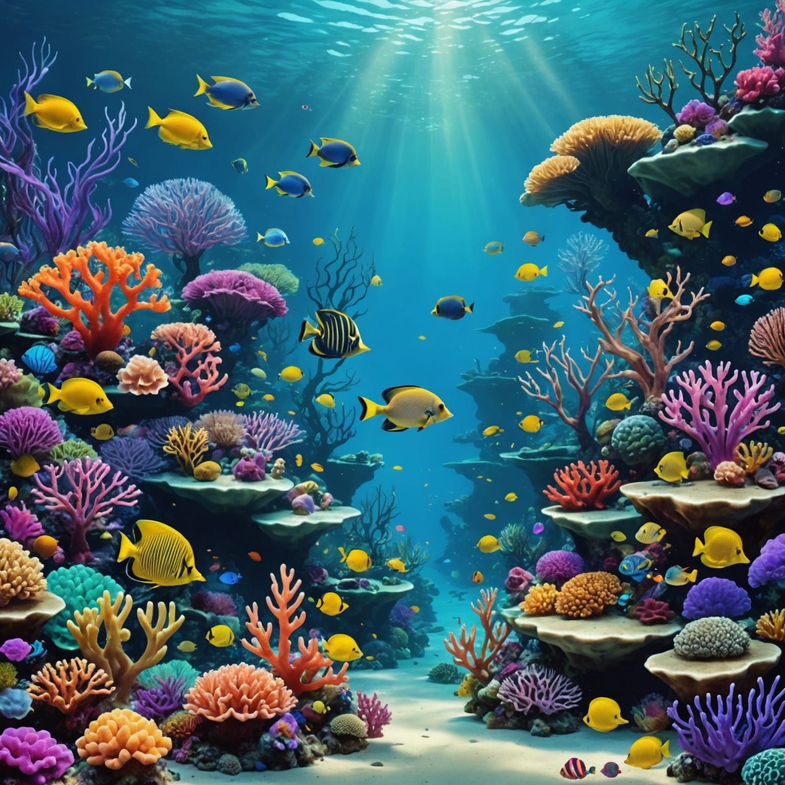 Colorful Underwater Fantasy Landscape with Marine Life