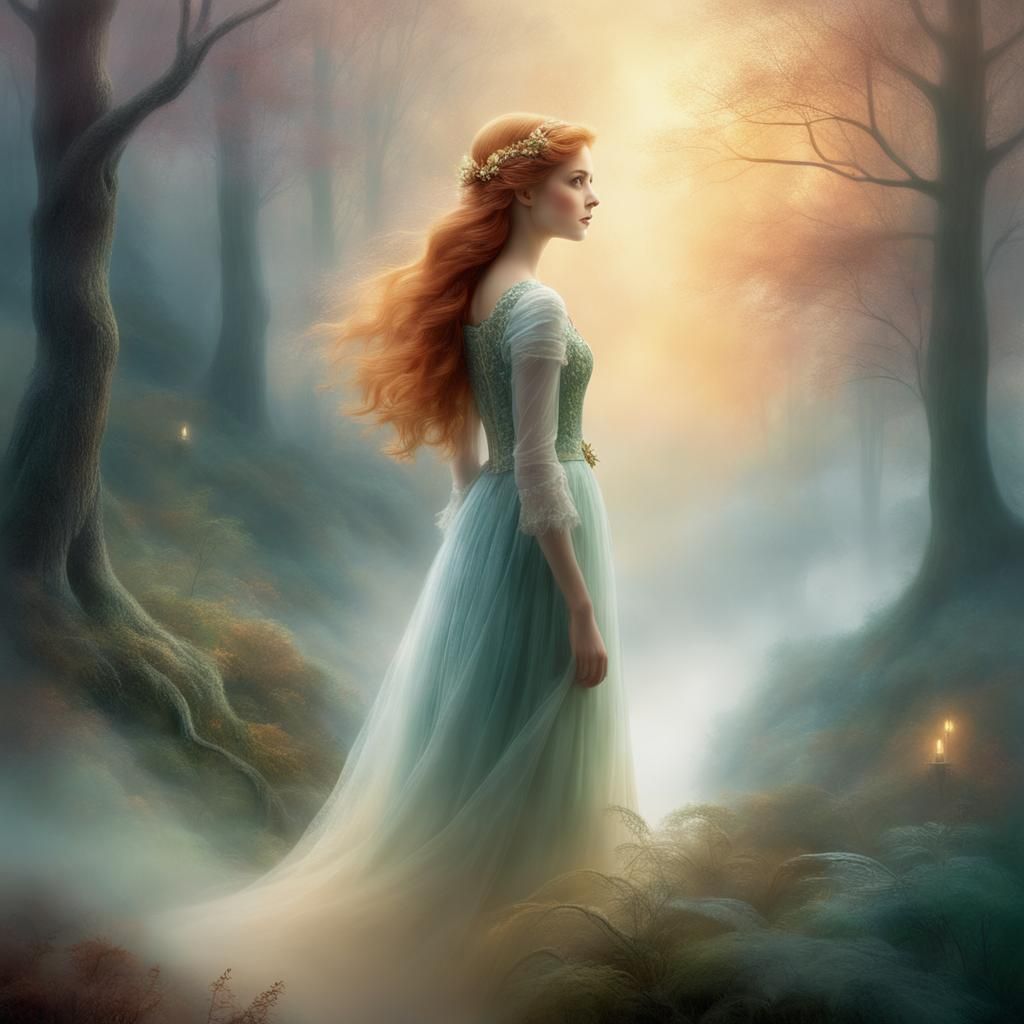 Enchanted Forest Figure in Whimsical, Dreamy Landscape