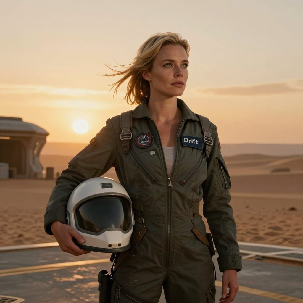 Sci-Fi Pilot Drift at Sunset on Alien Landing Pad