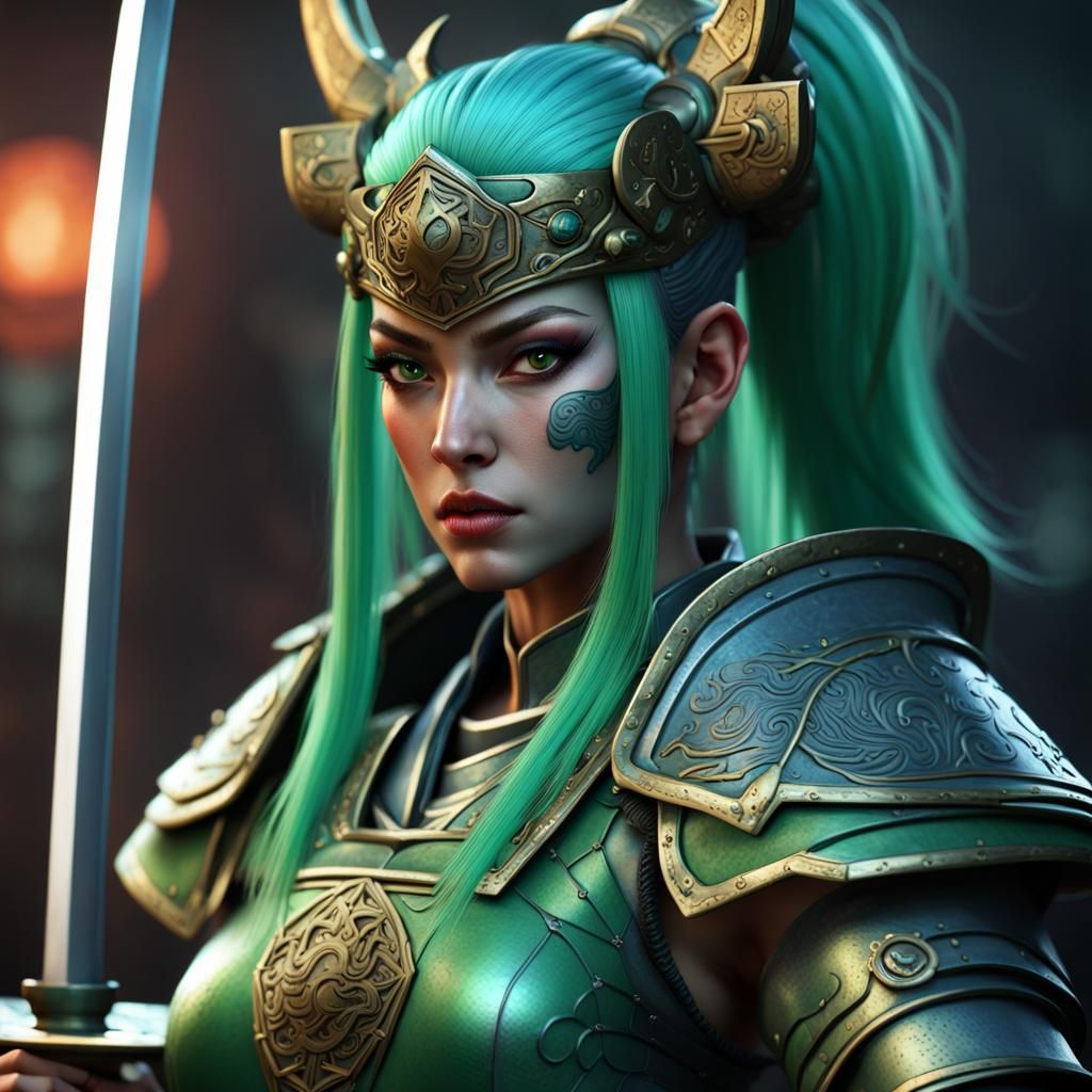Female Triton Samurai in Shogun Armor, Digital Art
