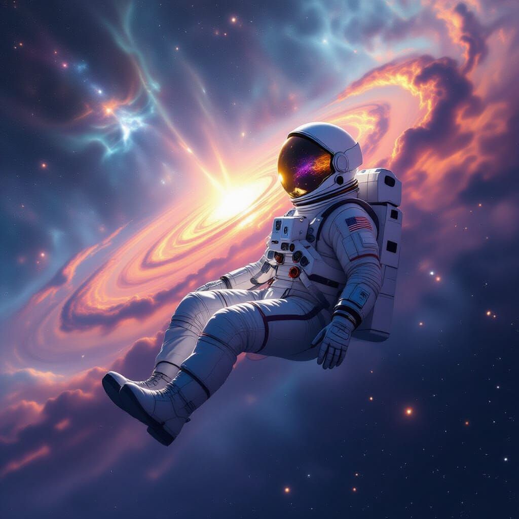 Astronaut Adrift in Cosmic Nebula with Galaxy Reflection