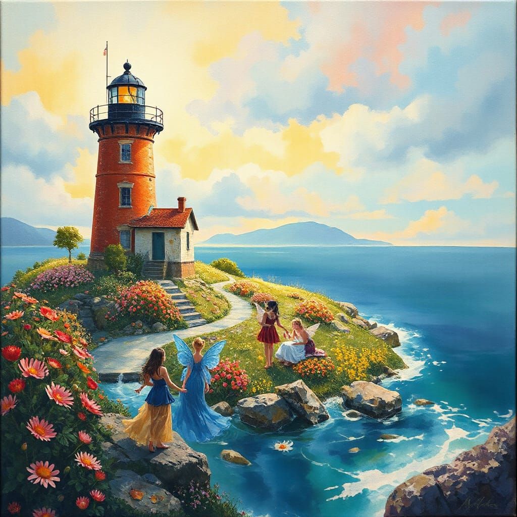 Swedish Island Lighthouse with Fairies: Gouache and Watercol...
