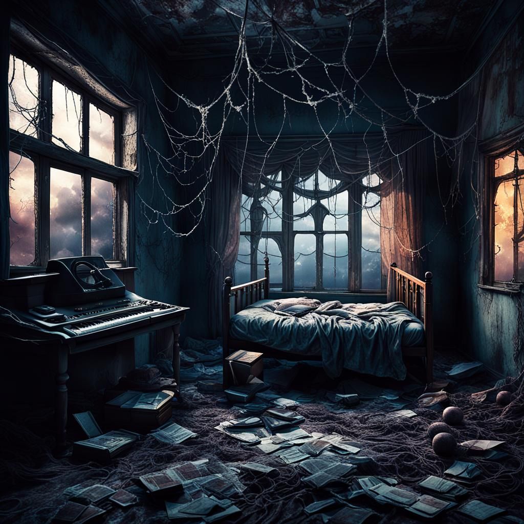 Eerie Abandoned Bedroom with Mystical Orbs
