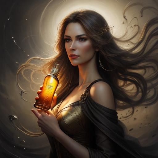 Golden Bottle with Beautiful Face in Chiaroscuro Style