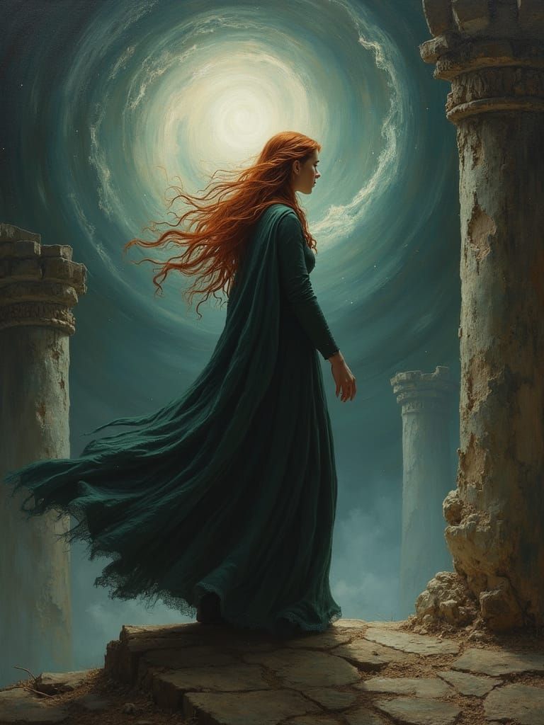 Elf Woman at Vortex in Baroque Oil Painting Style