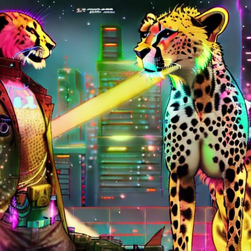 Cyberpunk Cheetah and Lion in Neon Cityscape