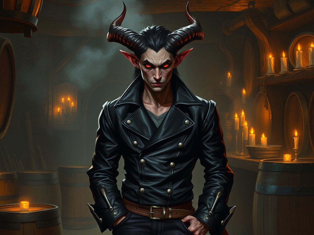 Tiefling in Smoky Tavern: Dark Fantasy Art