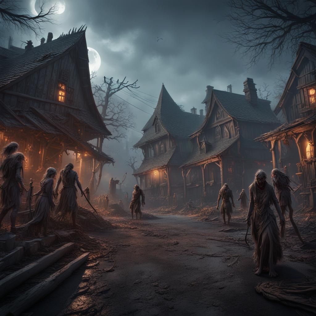 Haunted Zombie Village in Detailed Matte Painting Style
