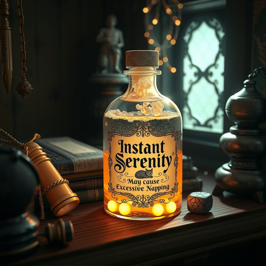 Surreal Steampunk Potion Glows on Wizard's Shelf