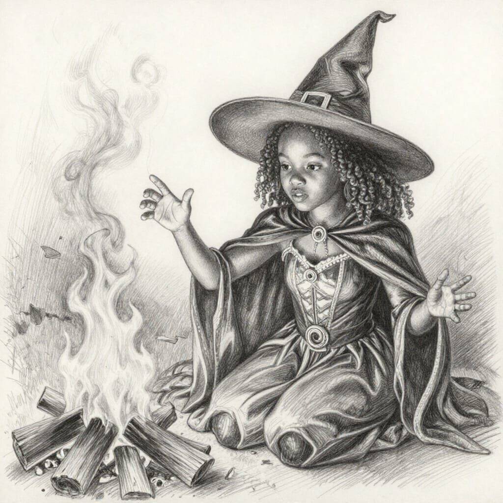African Witch Casting Spell Over Fire in Pencil Drawing Styl...