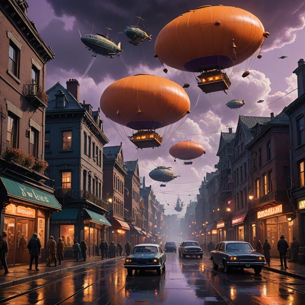Epic Zeppelin Battle in a Cyberpunk-Inspired Stormy Sky
