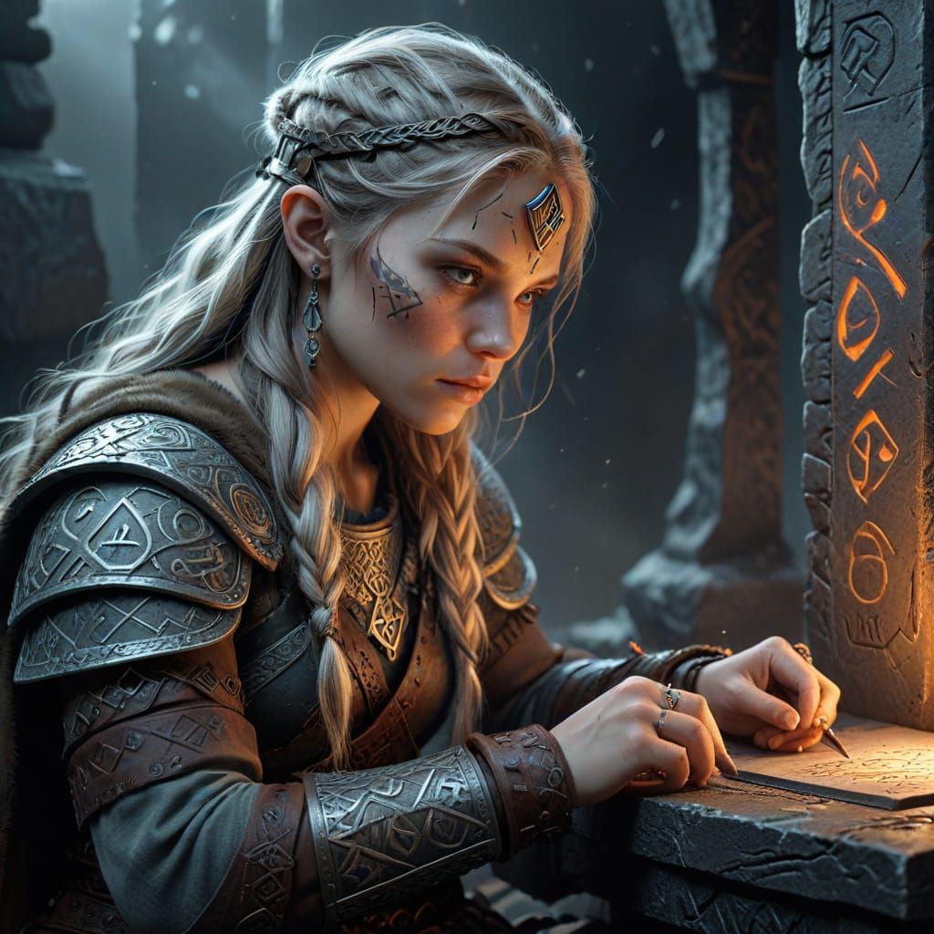 Viking Woman Studying Glowing Runes in Mystical Norse Art