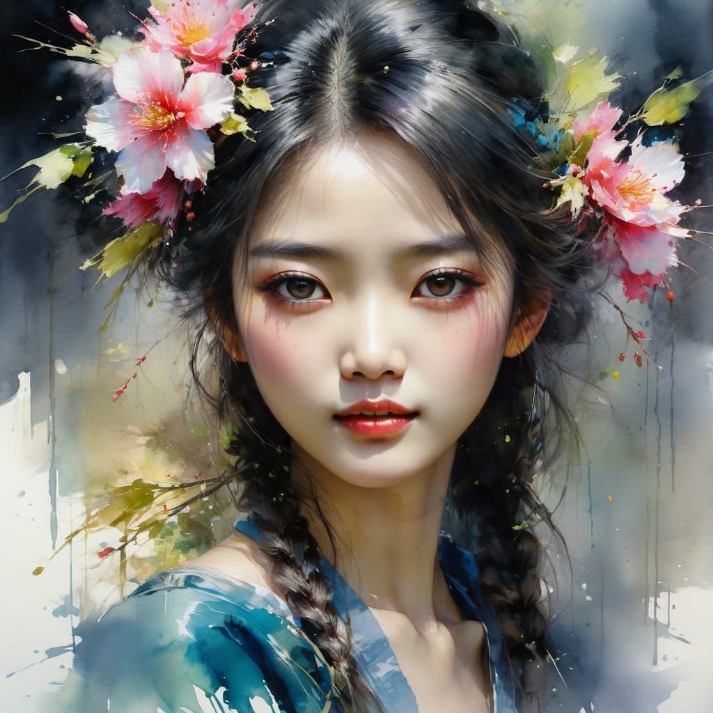 Enchanting Watercolor Portrait of an Asian Woman in a Whimsi...