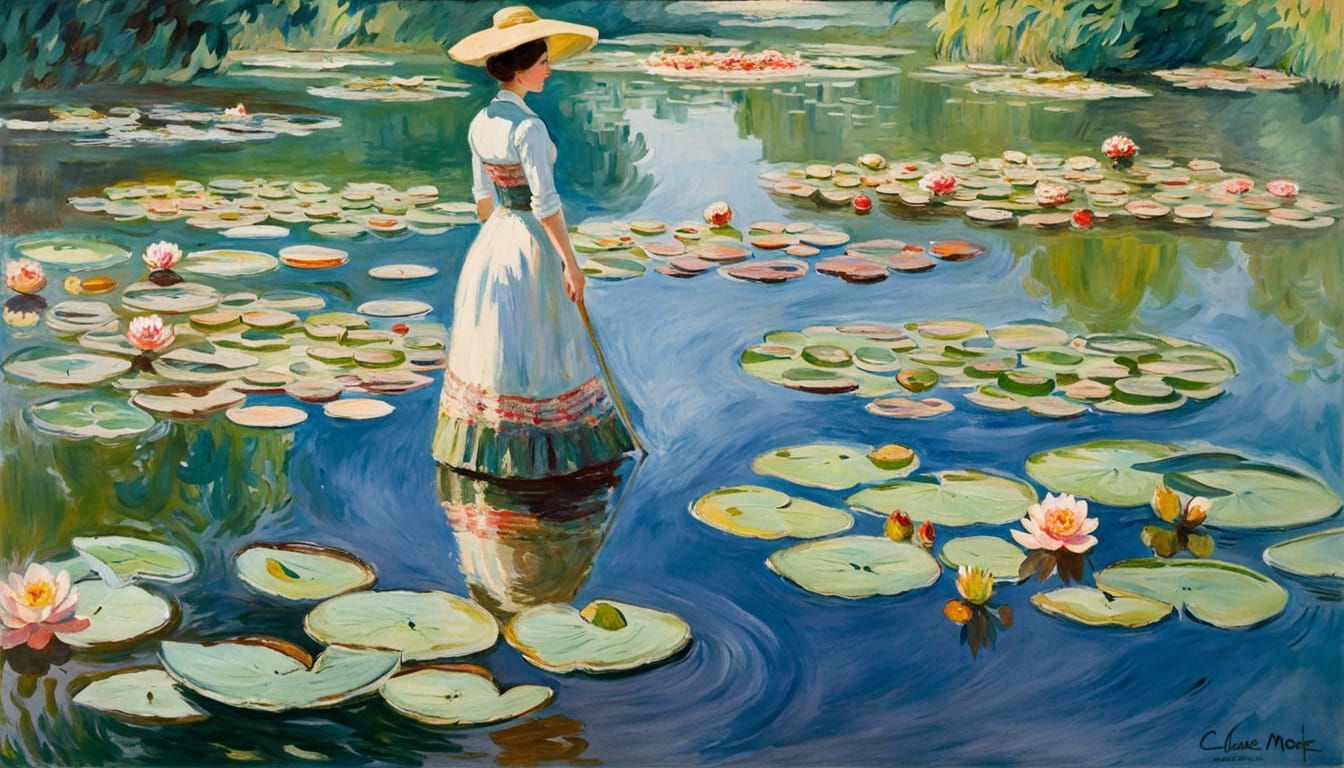 Impressionist Woman Walks on Water Lilies