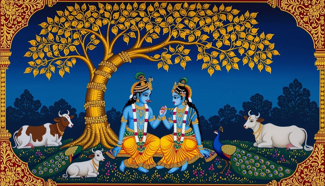 Tanjore Painting of Radha Krishna Under Golden Tree