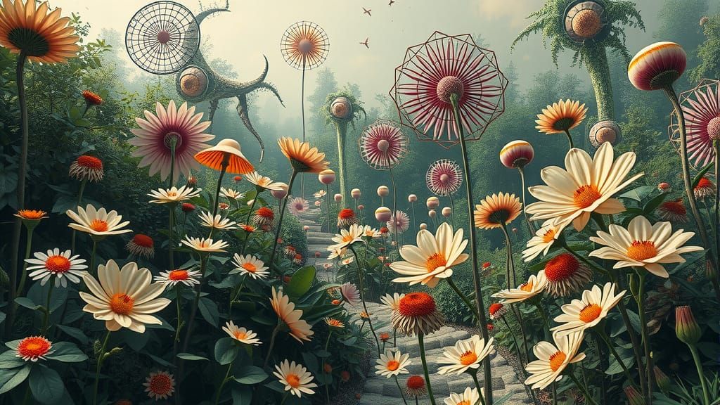 Surreal Garden Blooms with Geometric Harmony