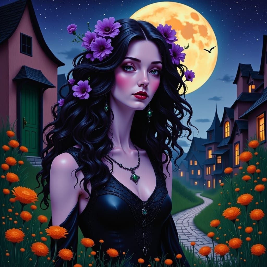 Witchy Woman Walking Under Full Moon