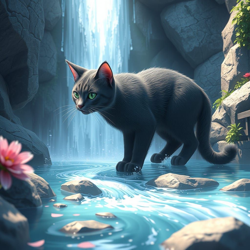 Surreal Anime Art of Cat in Breathtaking Waterfall Scene