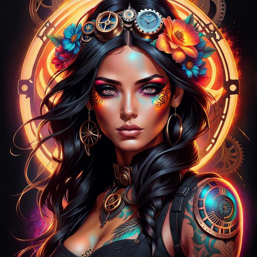 Steampunk Girl Portrait with Floral Tattoos