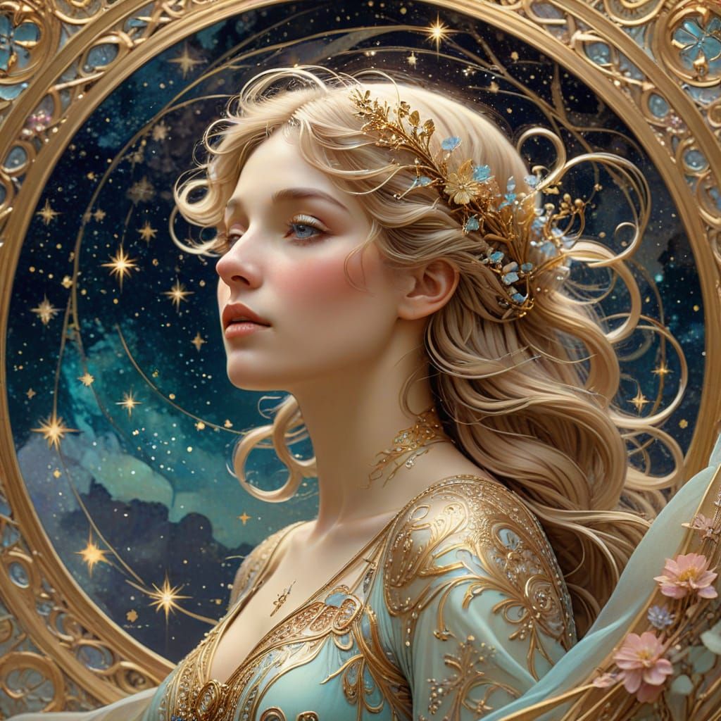 Elegant Woman Gazing at Stars in Art Nouveau Style