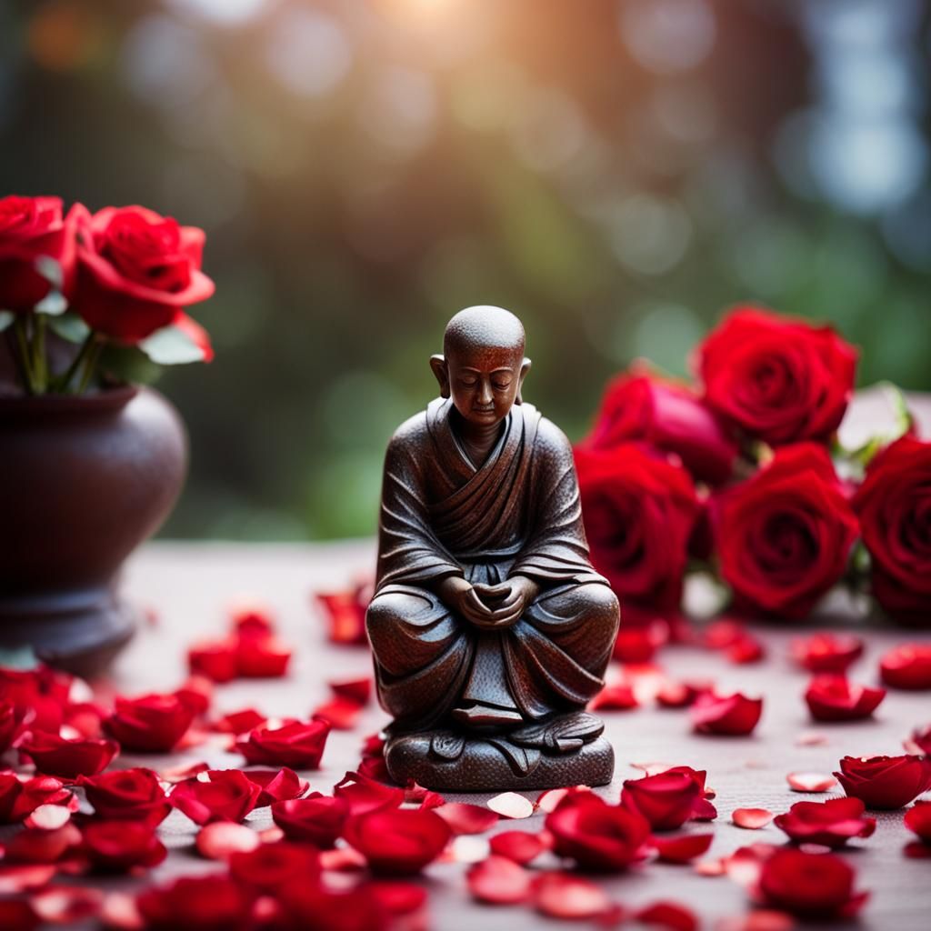 Crystal Monk Statue with Rose Petals: Bokeh Photography