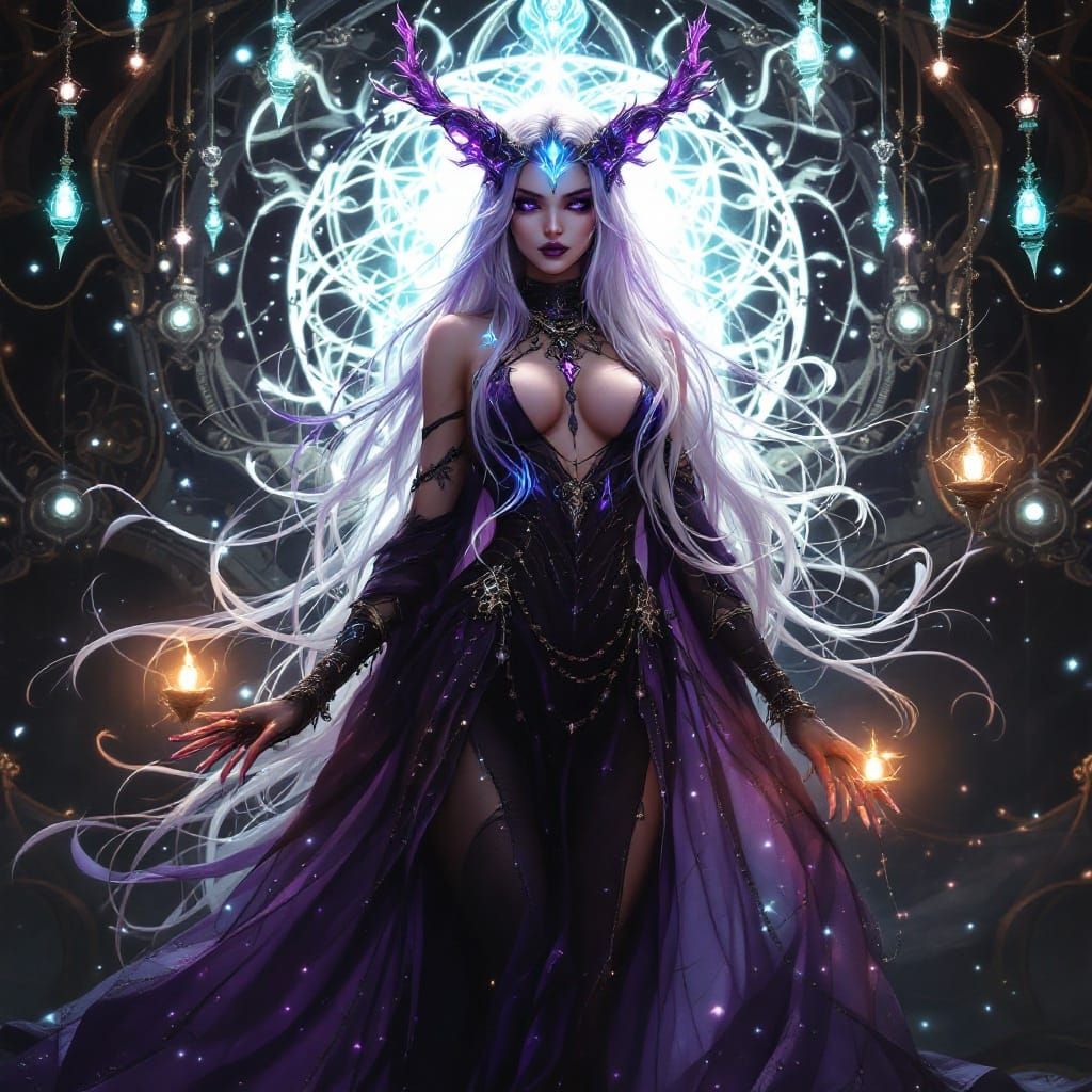 Majestic Goth Djinn with Mystical Veil and Bioluminescent Ta...