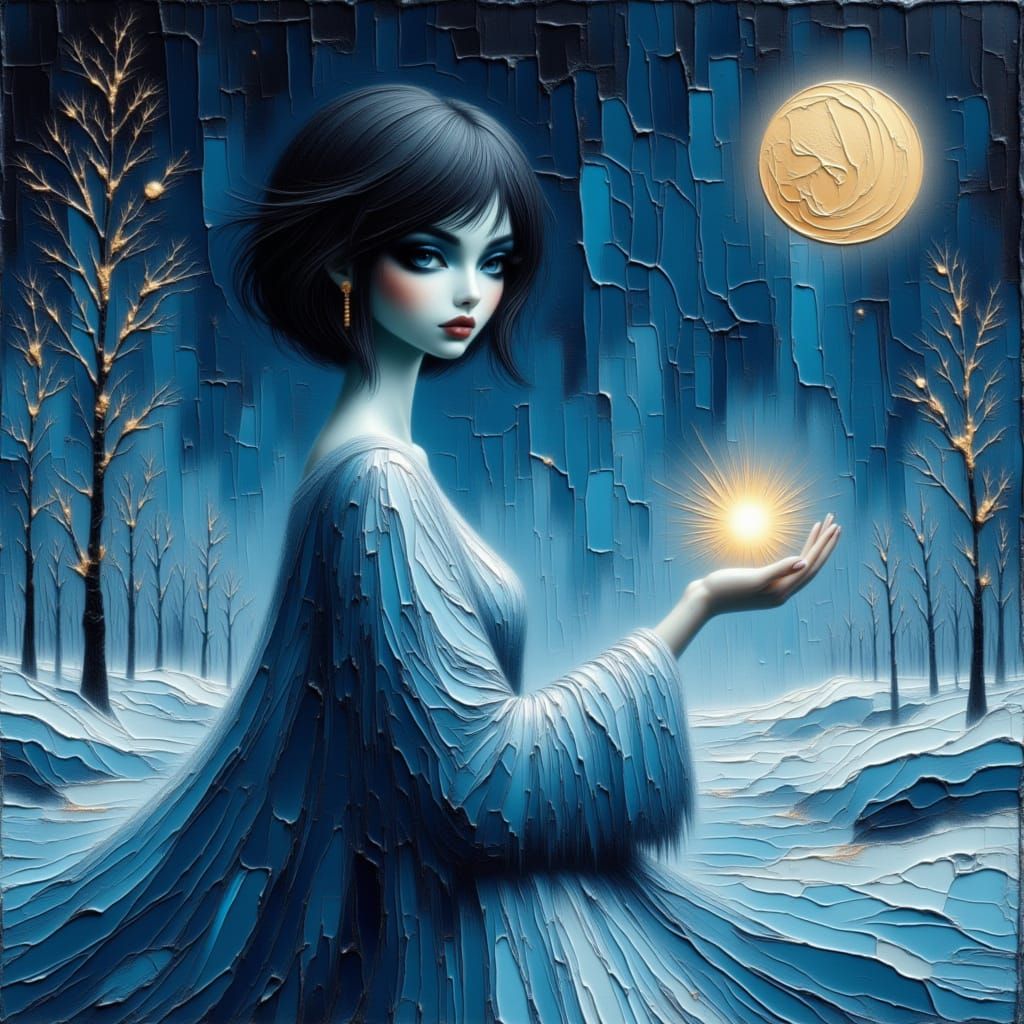 Ethereal Night Landscape with Woman Holding Light