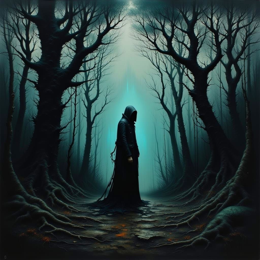 Ethereal Figure in Dystopian Forest