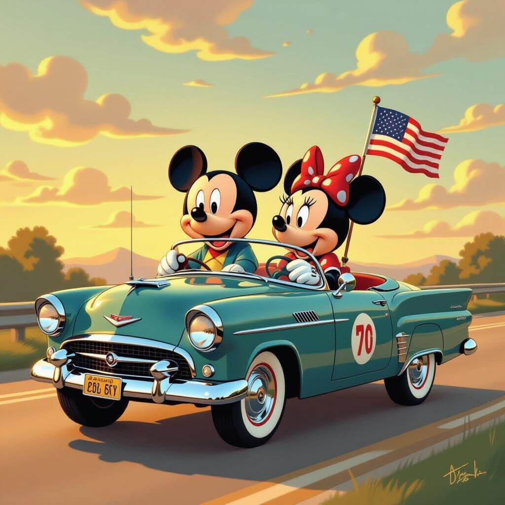 Mickey and Minnie Drive with Flags in Vintage Animation Styl...