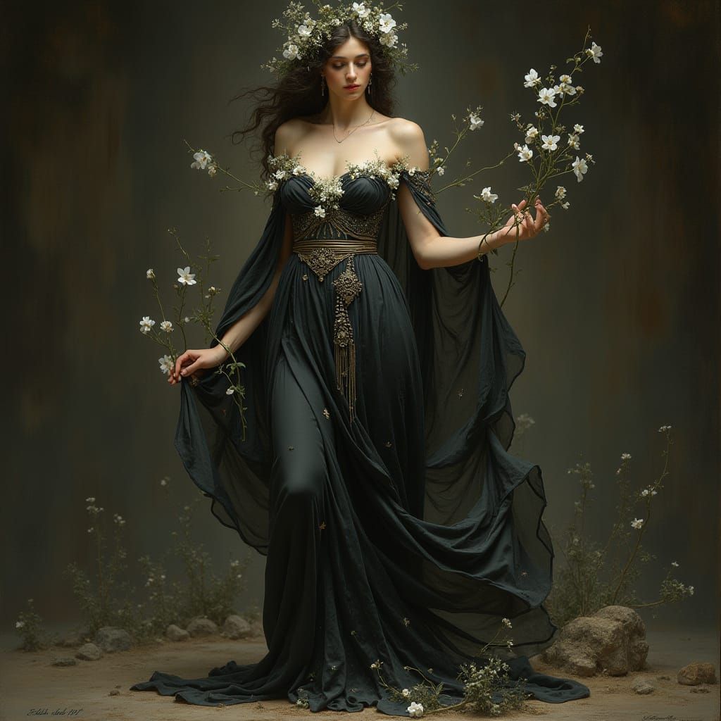 Majestic Goddess of Duality in Grecian Robe with Blossoming ...