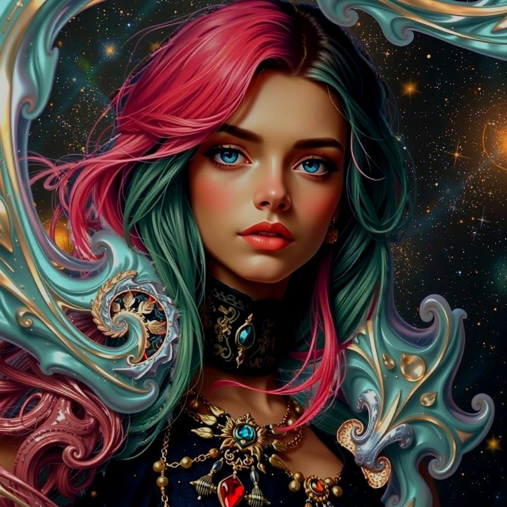 Starry Night Sky with Silver Form and Fiery Fractal Patterns