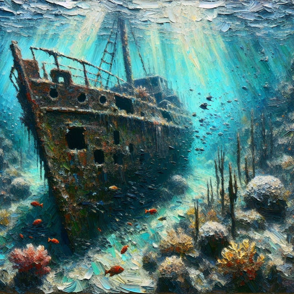 Underwater Shipwreck Impasto Painting with Corals and Fish