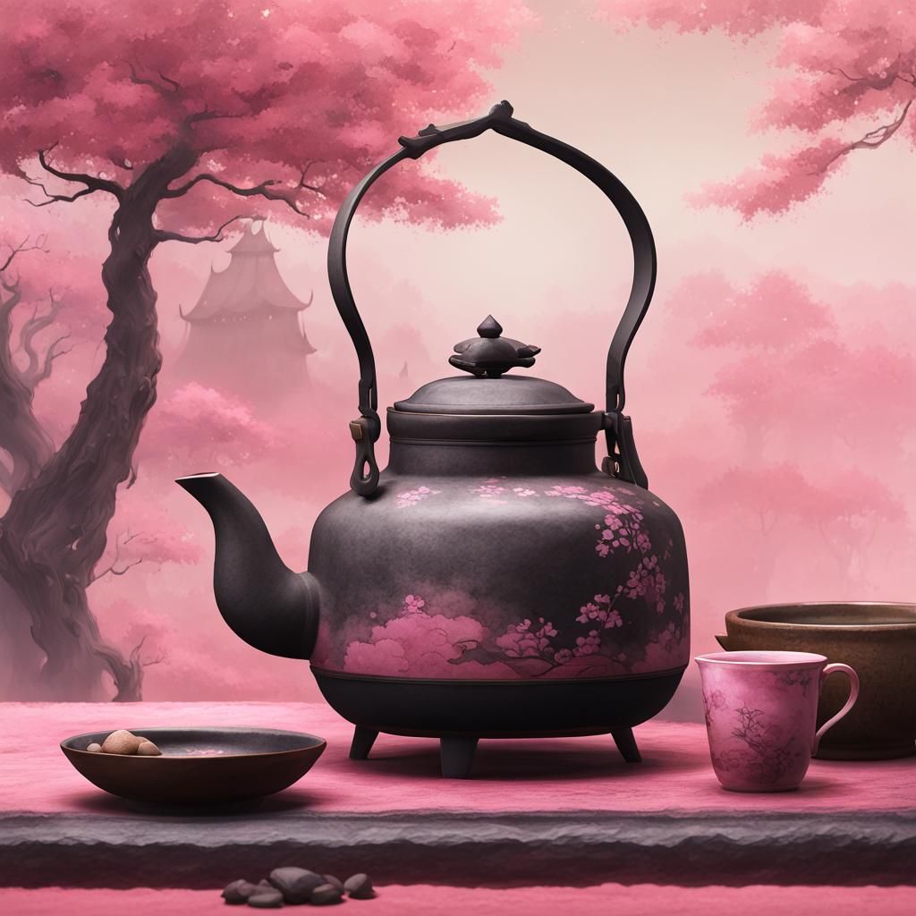 Japanese Tea Kettle Watercolor in Misty Setting